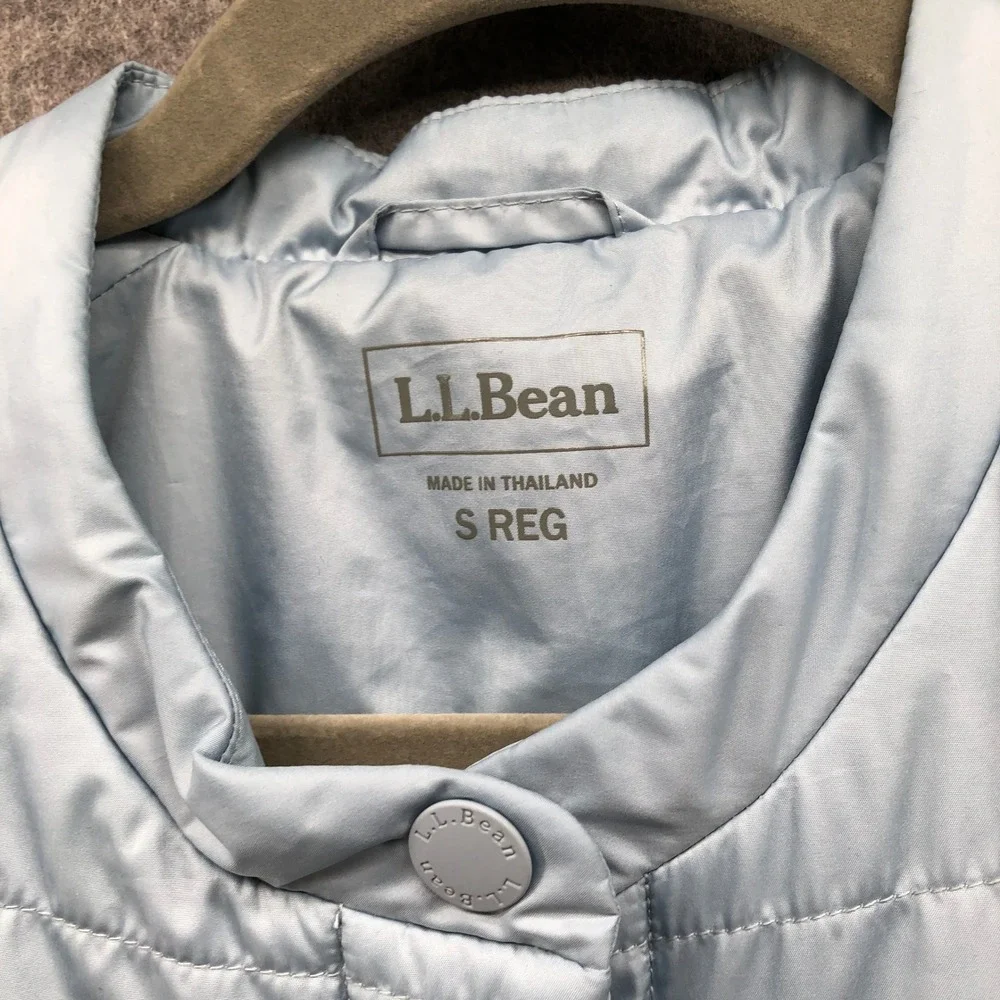 L.L. Bean Collarless Short Sleeve Puffer Jacket Womens S Light Blue Snap Button